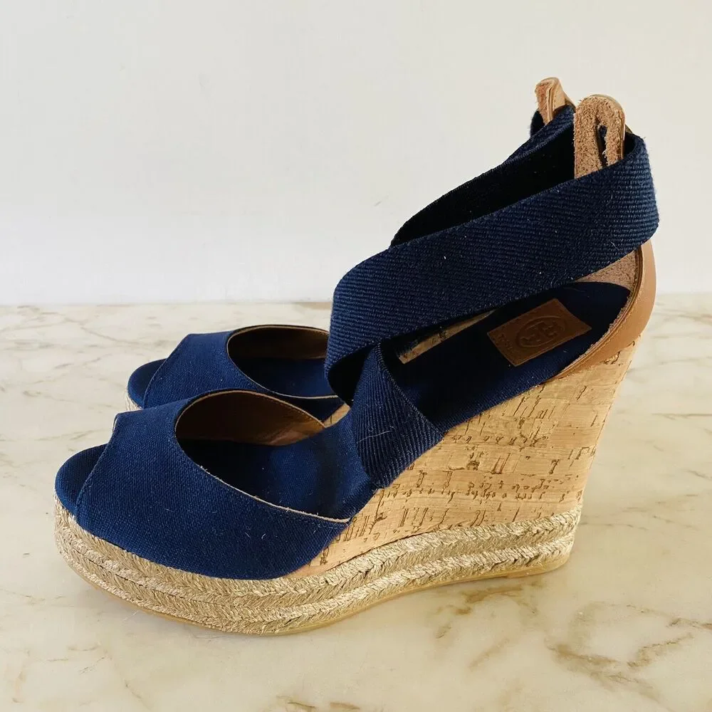 TORY BURCH Solid Denim Blue Espadrille Wedge Platform Sandal - US 7.5
